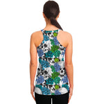 Green Blue Flowers Skull Pattern Print Women's Racerback Tank Top