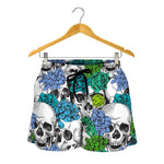 Green Blue Flowers Skull Pattern Print Women's Shorts