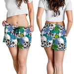 Green Blue Flowers Skull Pattern Print Women's Shorts