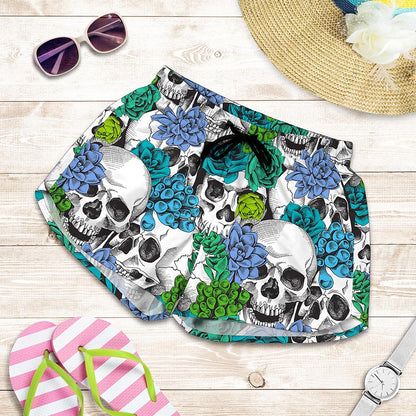 Green Blue Flowers Skull Pattern Print Women's Shorts