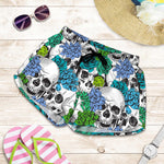 Green Blue Flowers Skull Pattern Print Women's Shorts