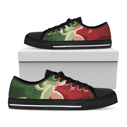 Green Bull And Red Bear Stock Print Black Low Top Shoes 