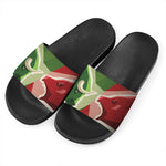 Green Bull And Red Bear Stock Print Black Slide Sandals