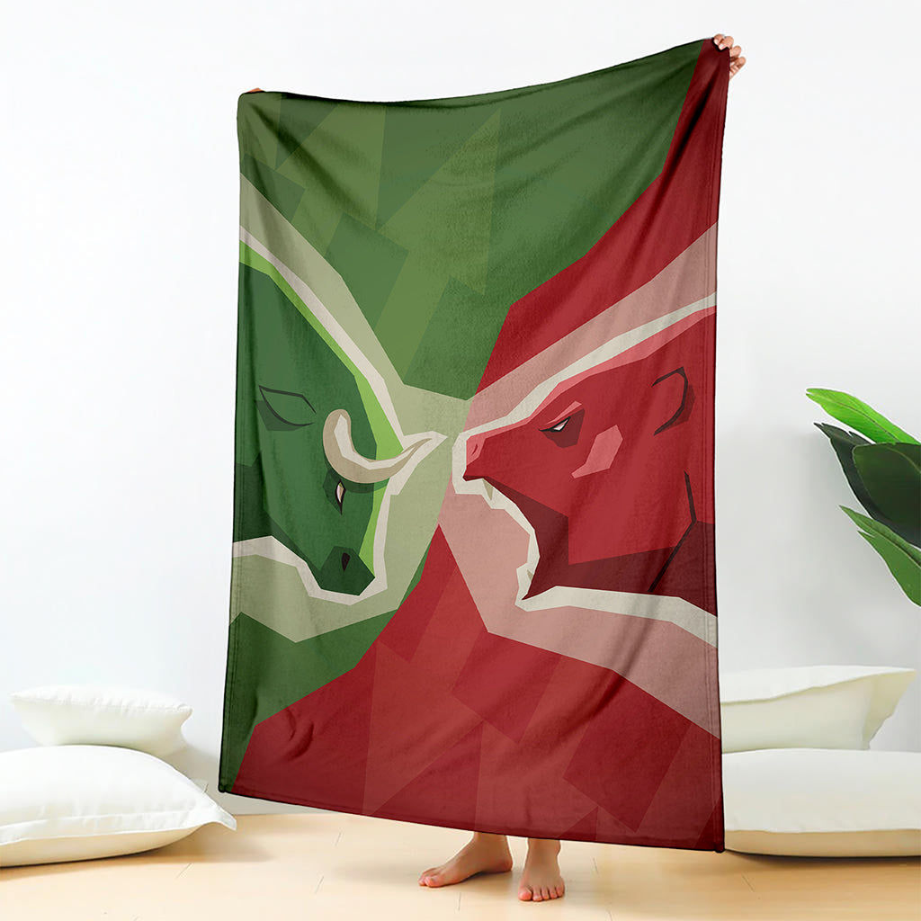 Green Bull And Red Bear Stock Print Blanket