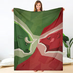 Green Bull And Red Bear Stock Print Blanket