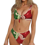 Green Bull And Red Bear Stock Print Front Bow Tie Bikini