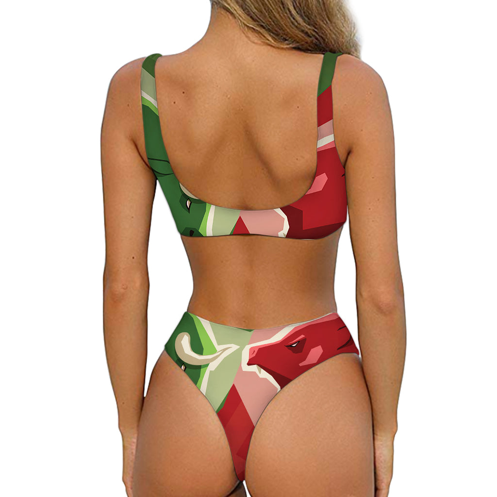 Green Bull And Red Bear Stock Print Front Bow Tie Bikini