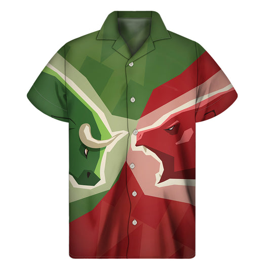 Green Bull And Red Bear Stock Print Men's Short Sleeve Shirt