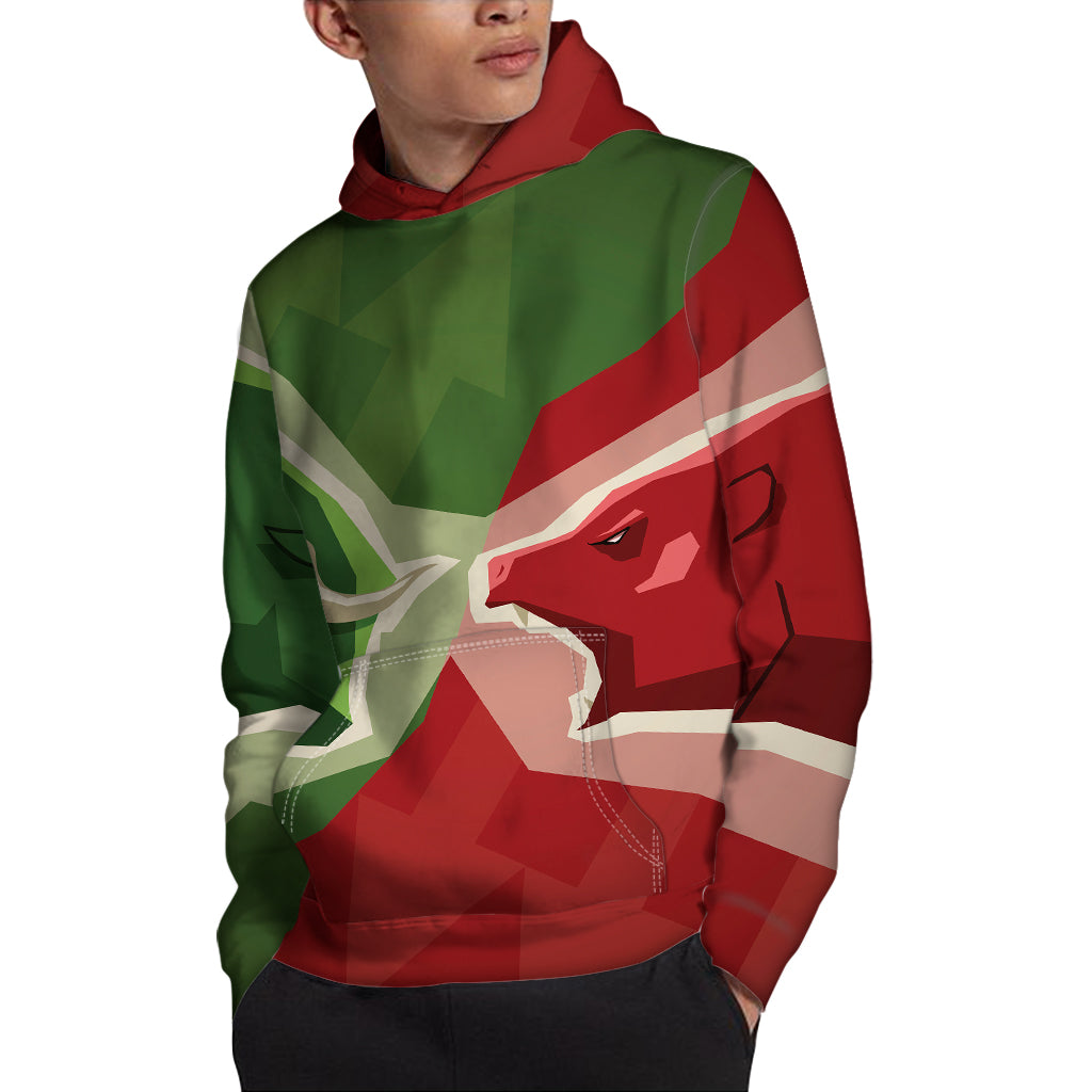 Green Bull And Red Bear Stock Print Pullover Hoodie