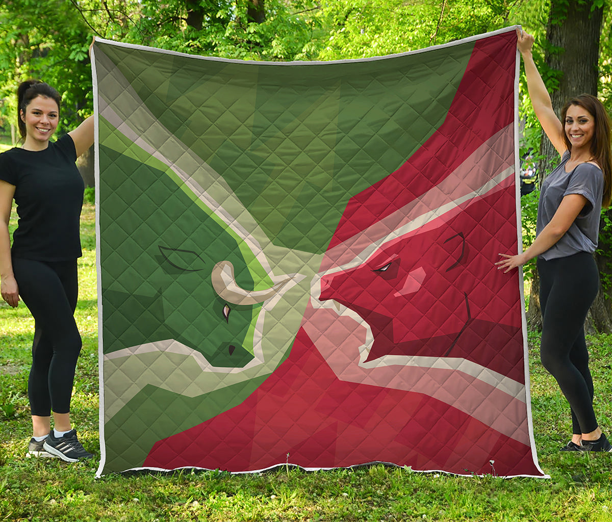 Green Bull And Red Bear Stock Print Quilt