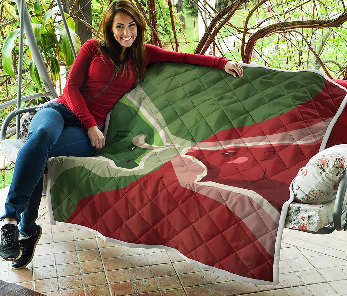Green Bull And Red Bear Stock Print Quilt