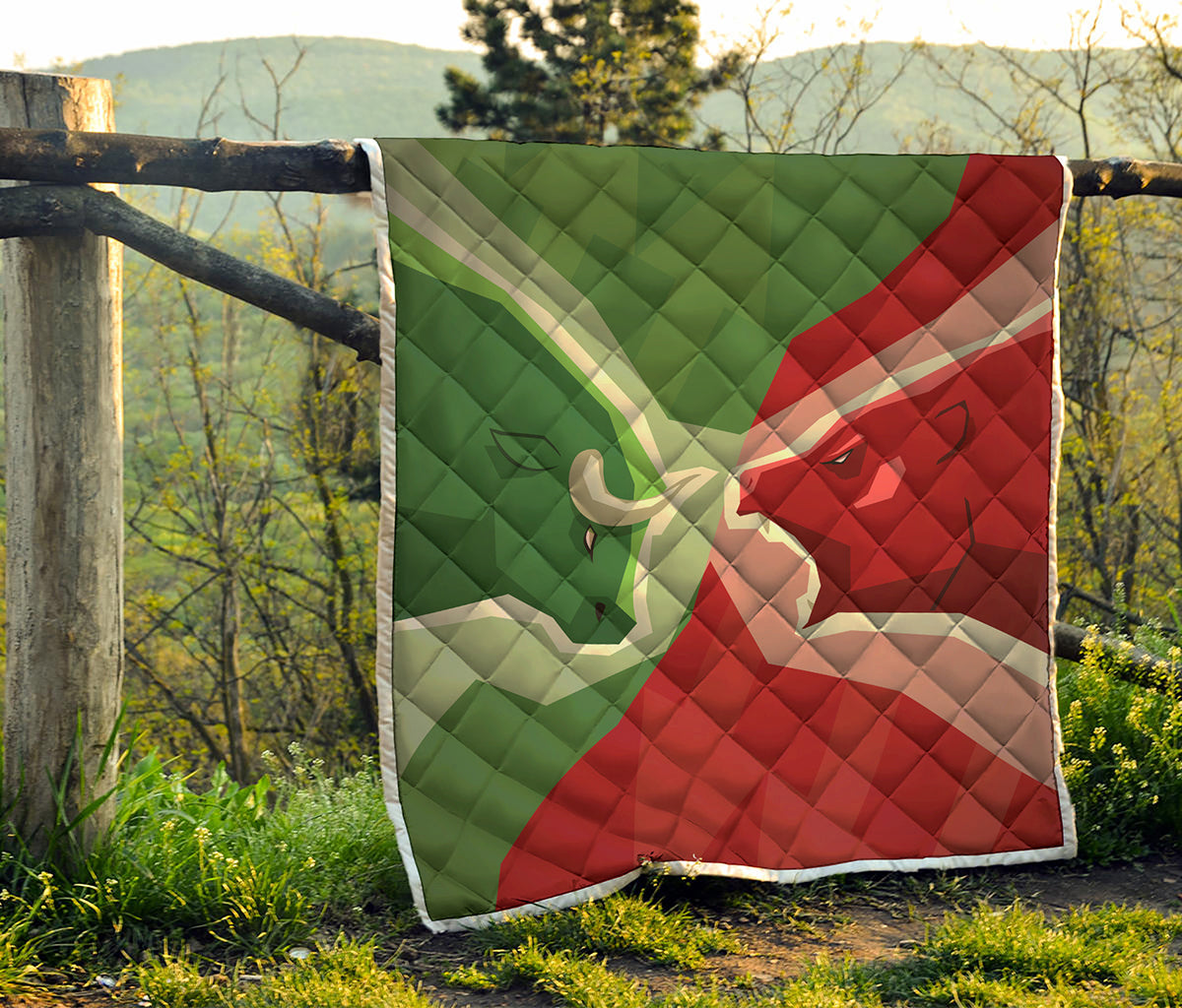 Green Bull And Red Bear Stock Print Quilt
