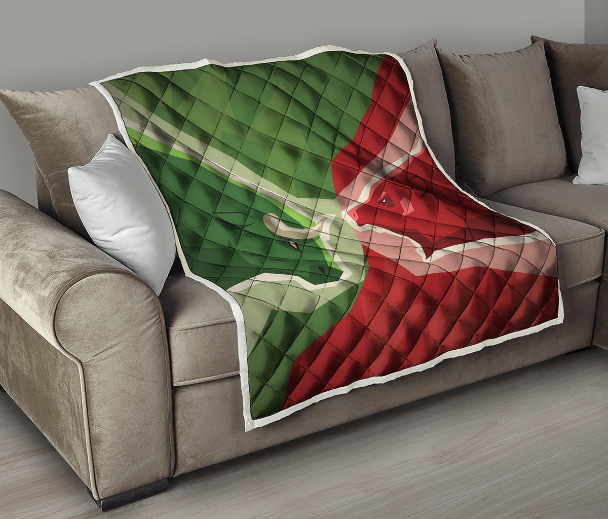 Green Bull And Red Bear Stock Print Quilt