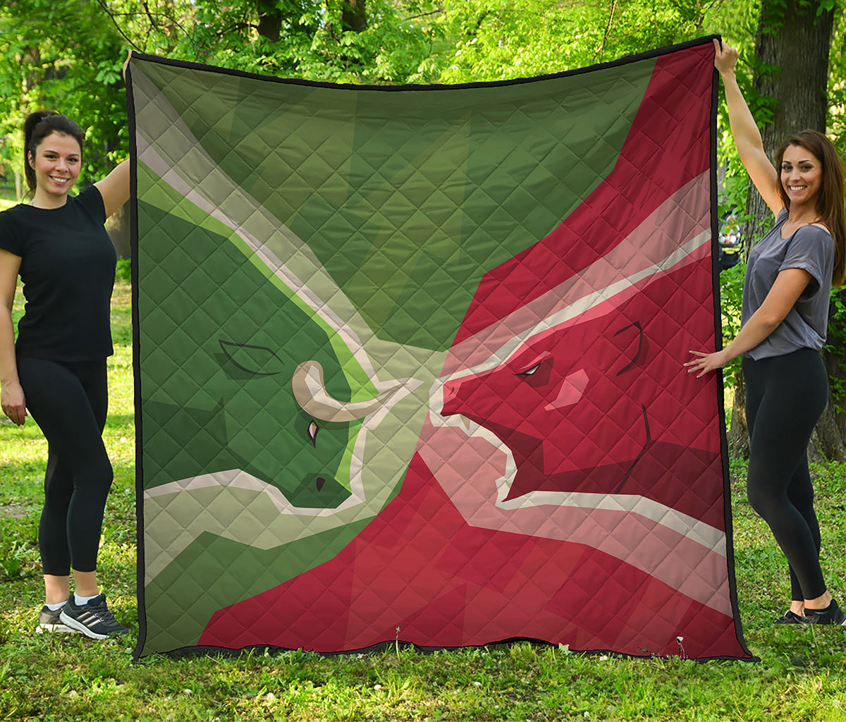 Green Bull And Red Bear Stock Print Quilt