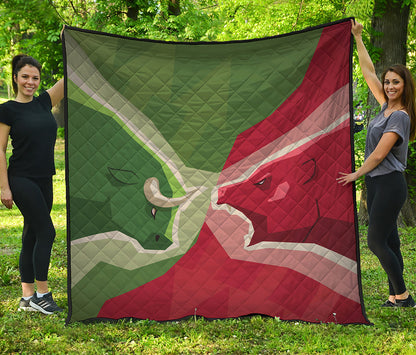 Green Bull And Red Bear Stock Print Quilt