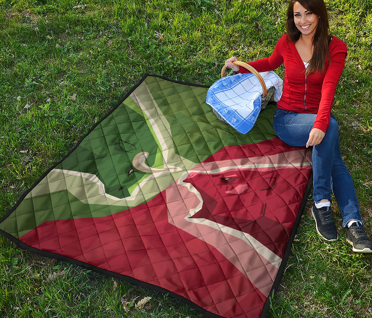 Green Bull And Red Bear Stock Print Quilt