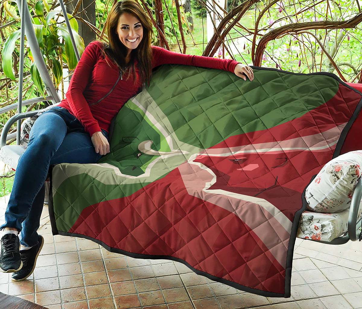 Green Bull And Red Bear Stock Print Quilt