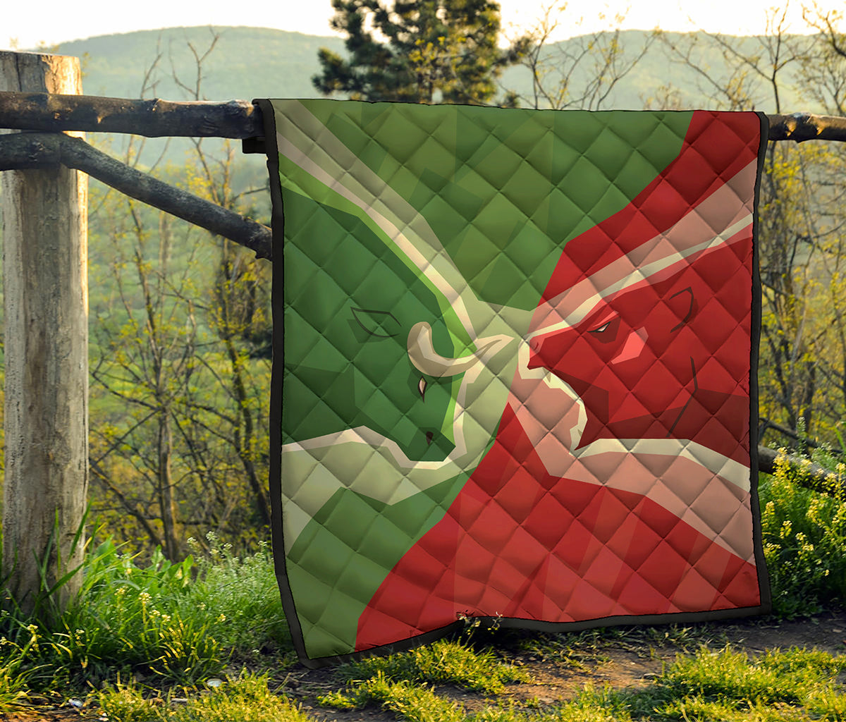 Green Bull And Red Bear Stock Print Quilt