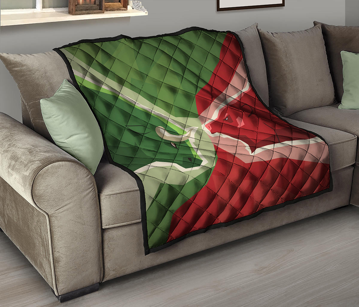 Green Bull And Red Bear Stock Print Quilt
