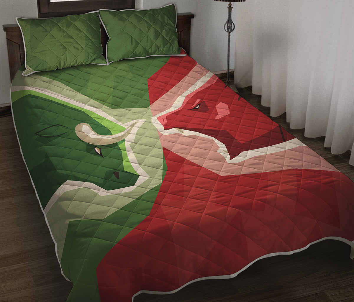 Green Bull And Red Bear Stock Print Quilt Bed Set