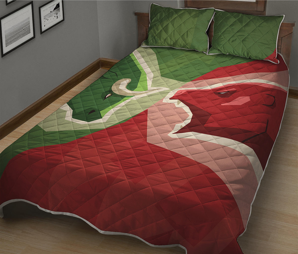 Green Bull And Red Bear Stock Print Quilt Bed Set
