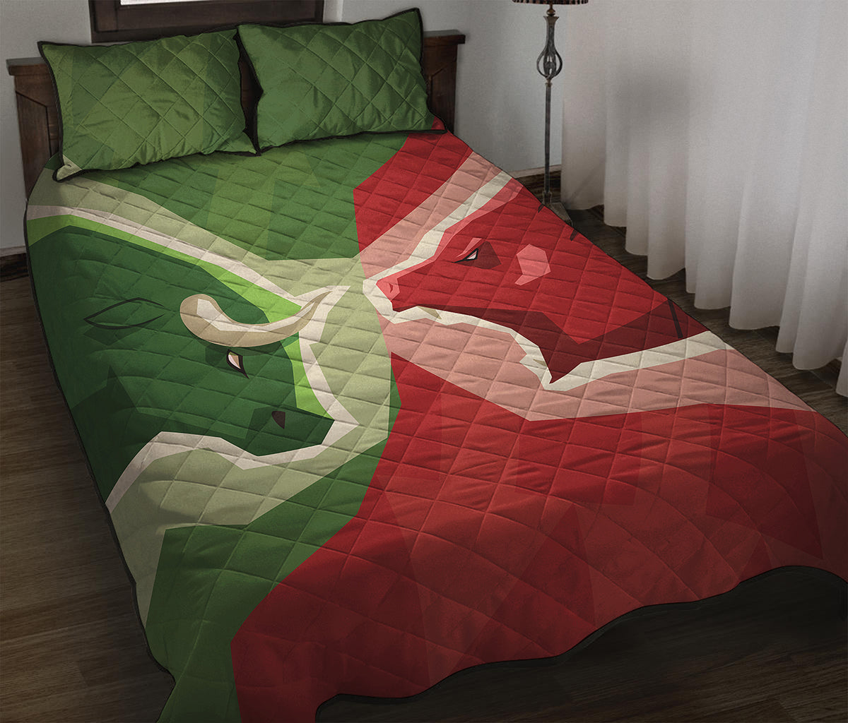Green Bull And Red Bear Stock Print Quilt Bed Set