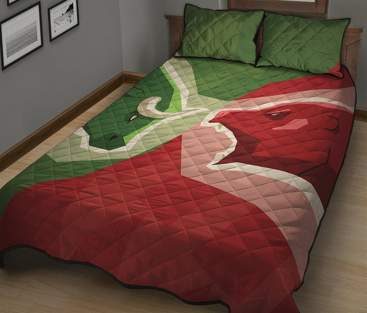 Green Bull And Red Bear Stock Print Quilt Bed Set