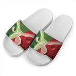 Green Bull And Red Bear Stock Print White Slide Sandals