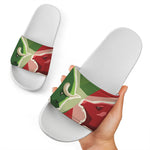 Green Bull And Red Bear Stock Print White Slide Sandals