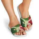 Green Bull And Red Bear Stock Print White Slide Sandals