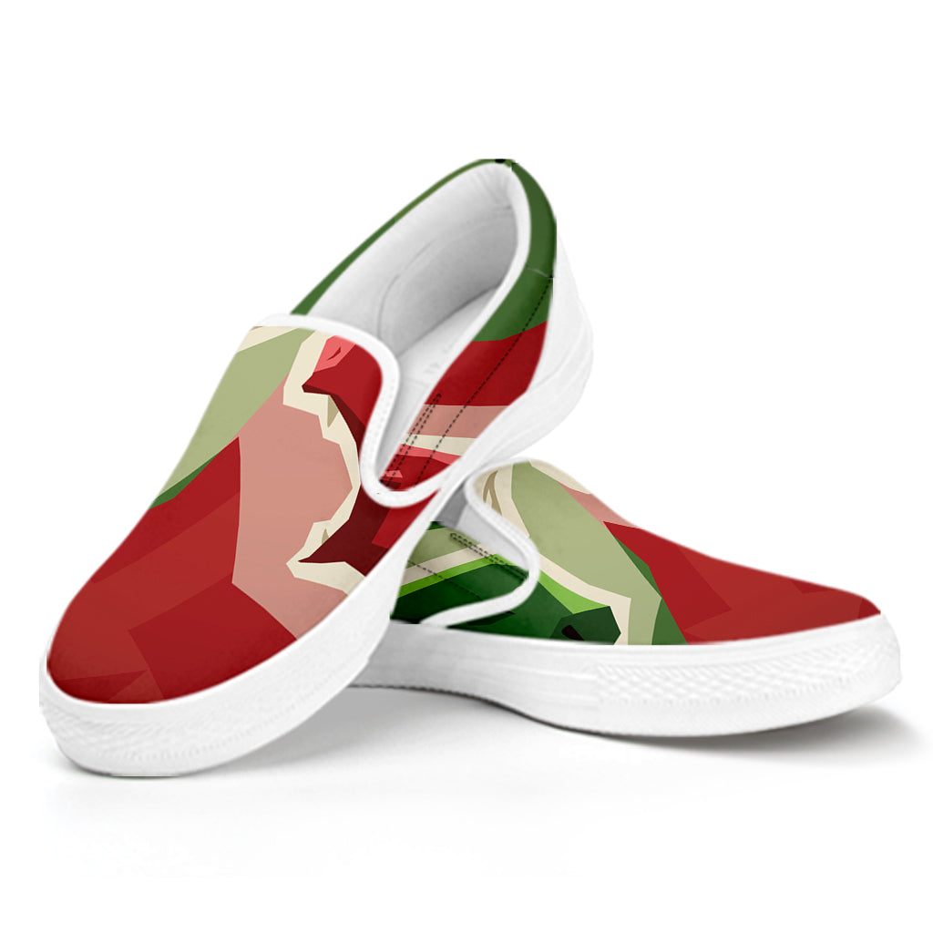Green Bull And Red Bear Stock Print White Slip On Shoes