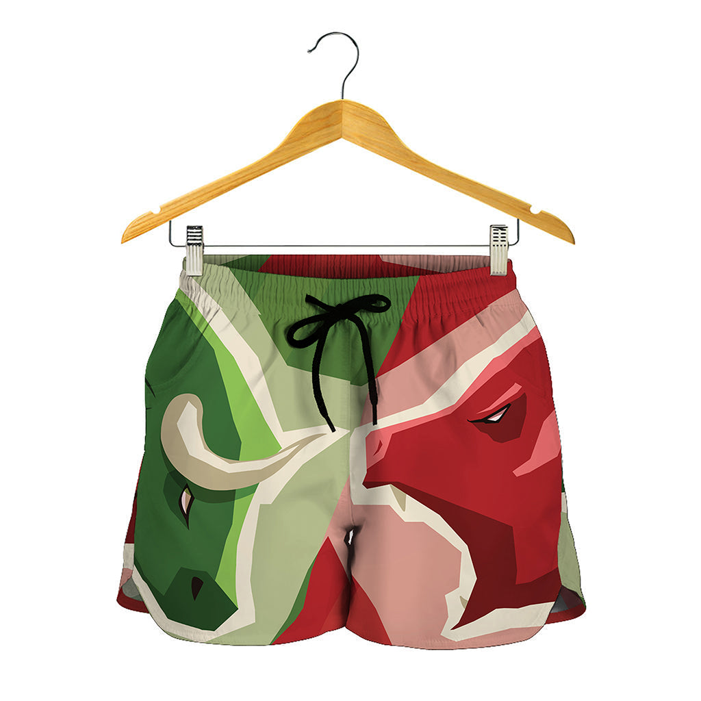 Green Bull And Red Bear Stock Print Women's Shorts
