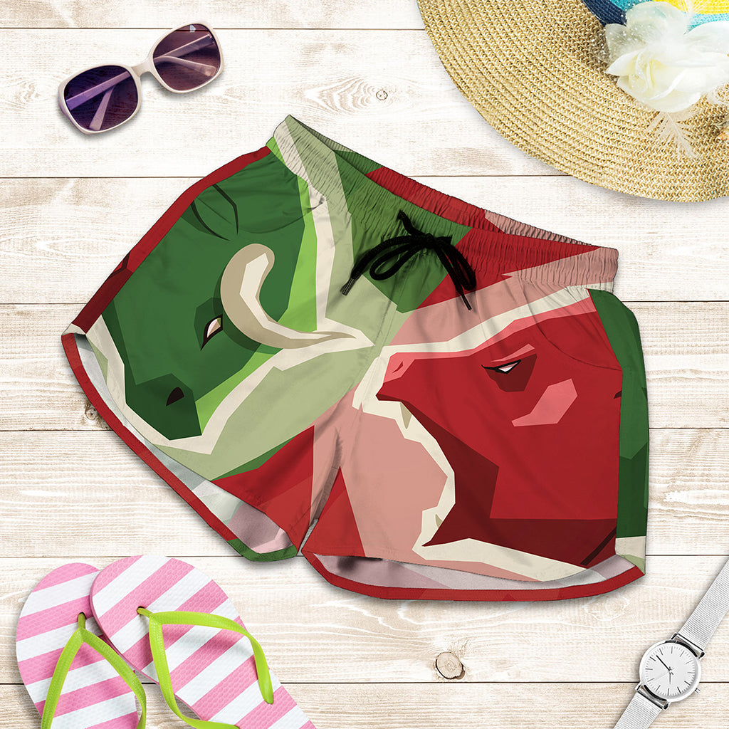 Green Bull And Red Bear Stock Print Women's Shorts