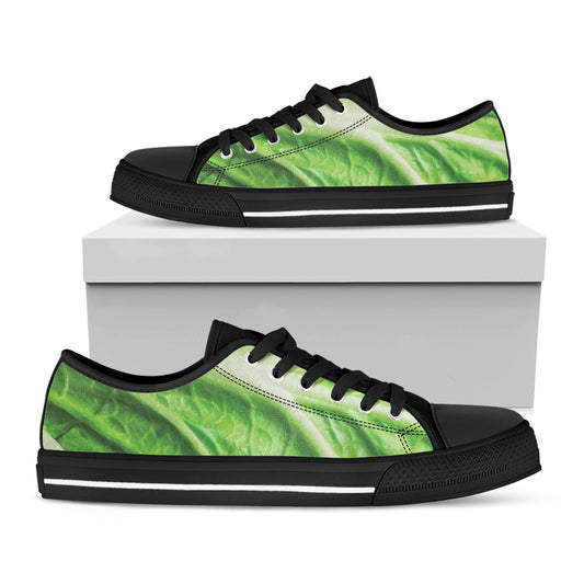 Green Cabbage Leaf Print Black Low Top Shoes