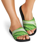 Green Cabbage Leaf Print Black Slide Sandals