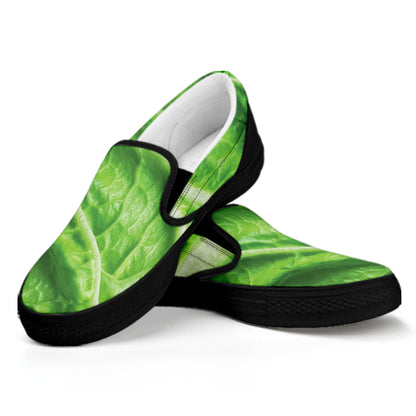 Green Cabbage Leaf Print Black Slip On Shoes