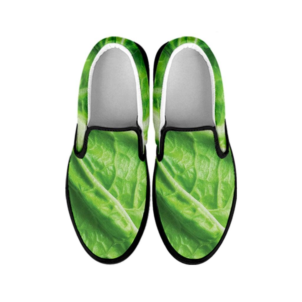 Green Cabbage Leaf Print Black Slip On Shoes