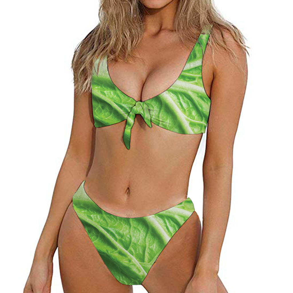 Green Cabbage Leaf Print Front Bow Tie Bikini