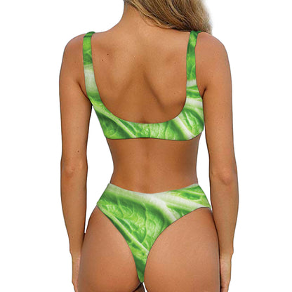 Green Cabbage Leaf Print Front Bow Tie Bikini