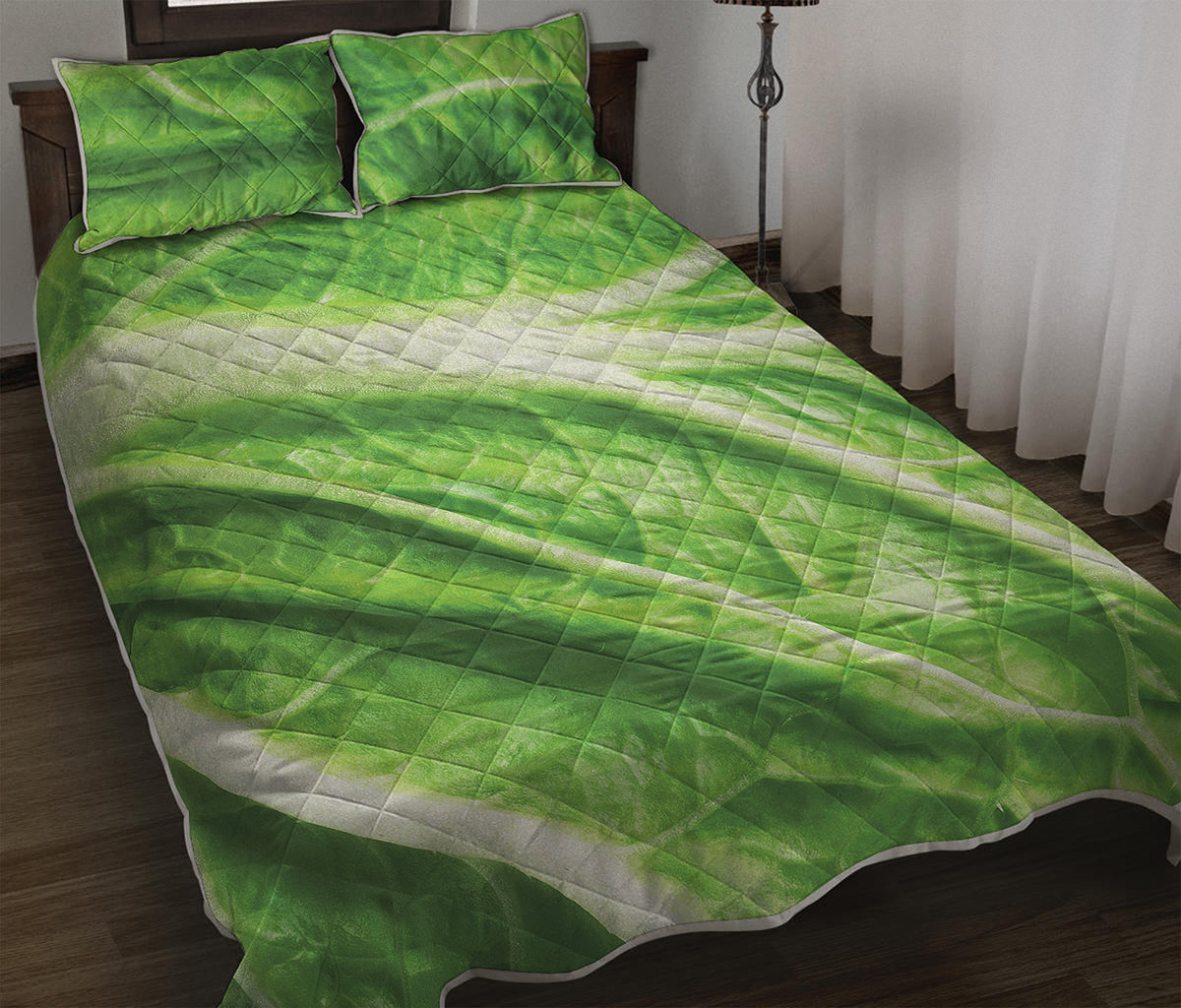 Green Cabbage Leaf Print Quilt Bed Set
