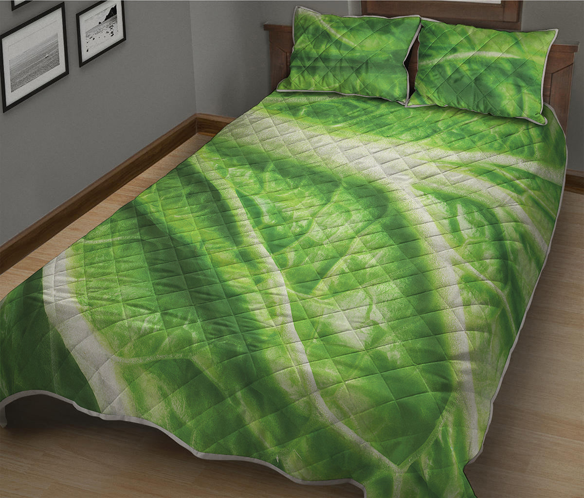 Green Cabbage Leaf Print Quilt Bed Set