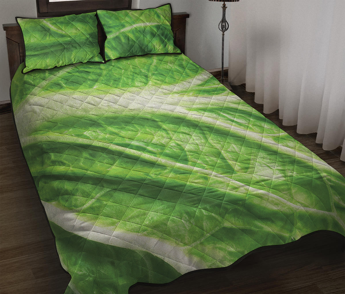 Green Cabbage Leaf Print Quilt Bed Set