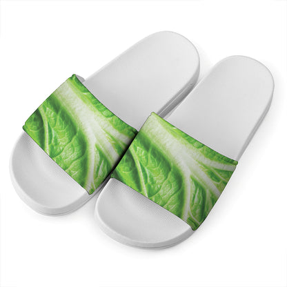 Green Cabbage Leaf Print White Slide Sandals