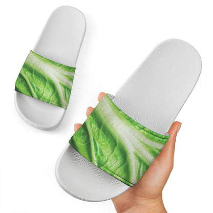 Green Cabbage Leaf Print White Slide Sandals