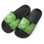 Green Cabbage Print Black Slide Sandals