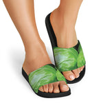 Green Cabbage Print Black Slide Sandals