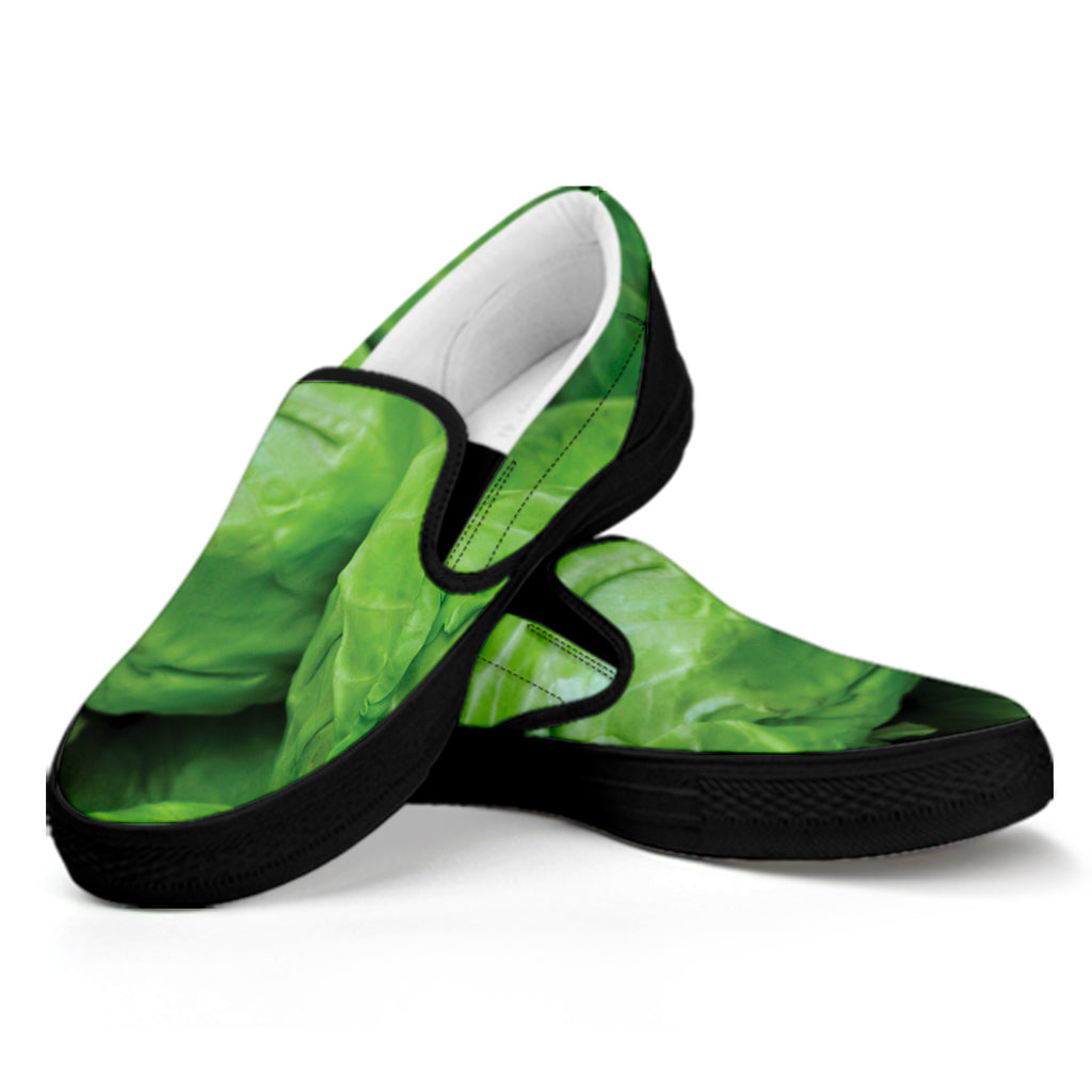 Green Cabbage Print Black Slip On Shoes