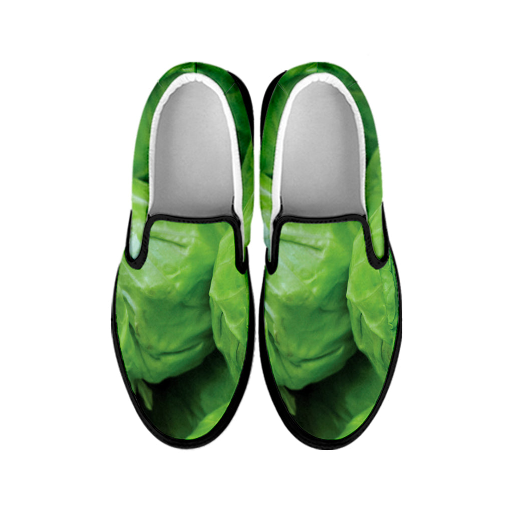 Green Cabbage Print Black Slip On Shoes