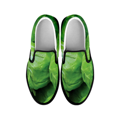 Green Cabbage Print Black Slip On Shoes