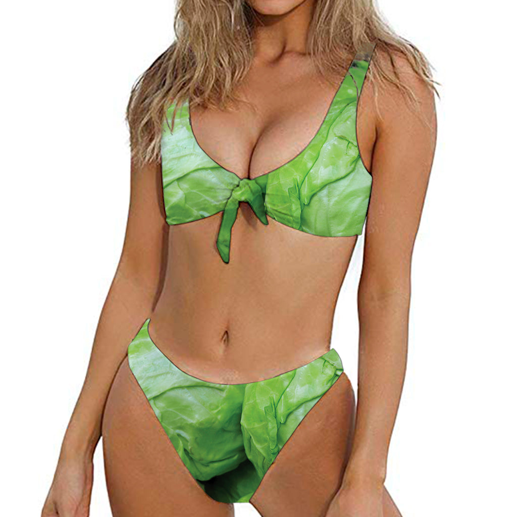 Green Cabbage Print Front Bow Tie Bikini